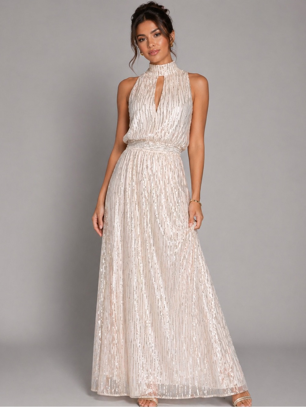 Drew Yuma White Gold Shimmer Maxi Dress M NWT Halter Metallic Evening Formal